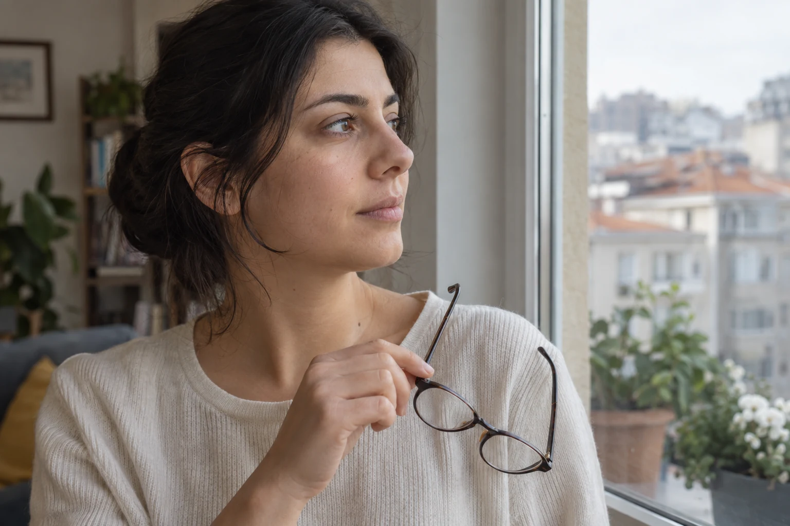 Pencere yanında gözlüğünü elinde tutan kadın